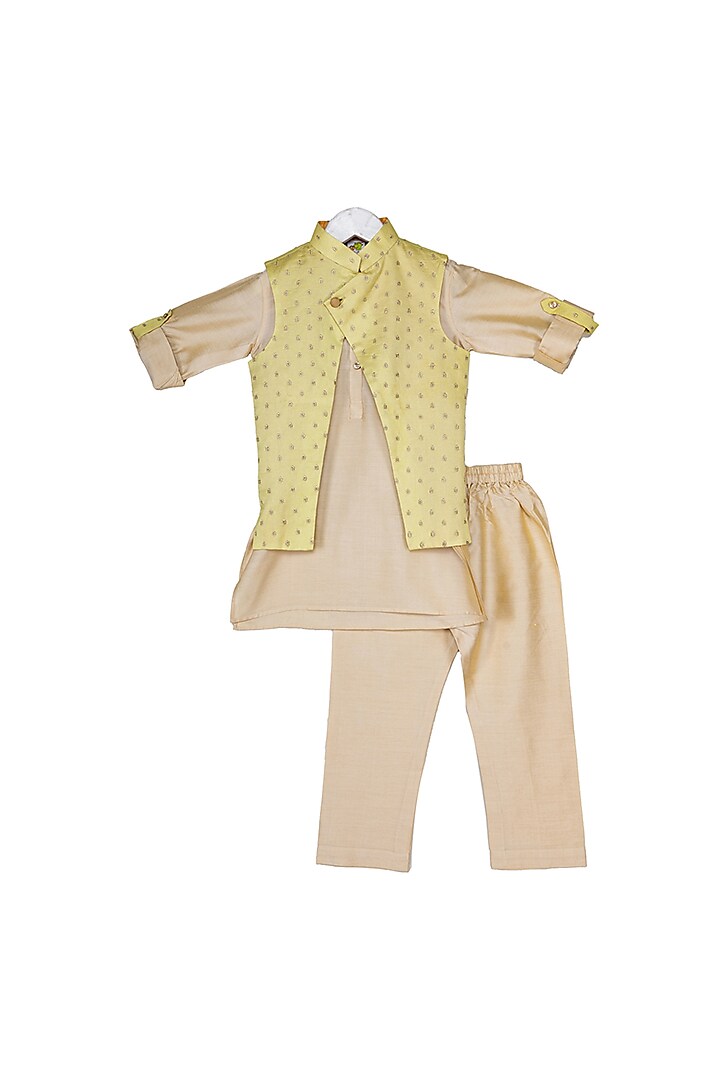 Lime Green Embroidered Jacket Set For Boys by Little Stars