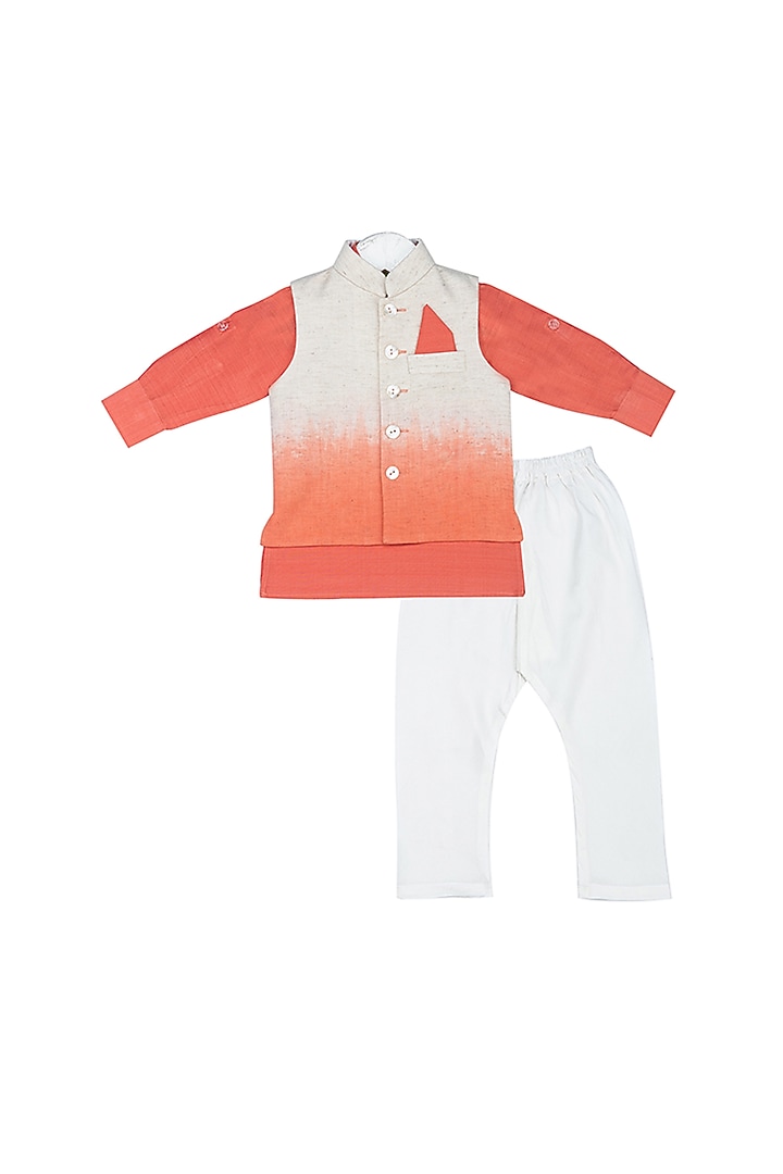 Rust Red Shaded Nehru Jacket With Kurta Set For Boys by Little Stars at Pernia's Pop Up Shop