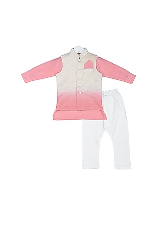 Baby Pink Shaded Nehru Jacket With Kurta Set For Boys by Little Stars