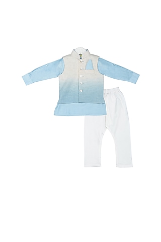 Sky Blue Shaded Nehru Jacket With Kurta Set For Boys by Little Stars