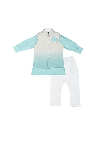 Mint Blue Shaded Nehru Jacket With Kurta Set For Boys by Little Stars