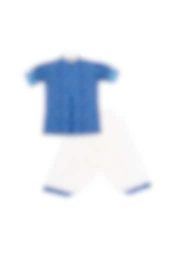 Azure Blue Shibori Pathani Kurta Set In Cotton Silk For Boys by Little Stars