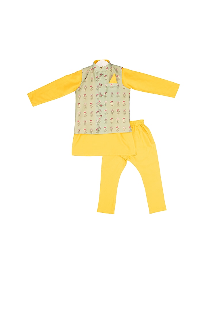 Dandelion Yellow Kurta Set With Mint Green Nehru Jacket For Boys by Little Stars