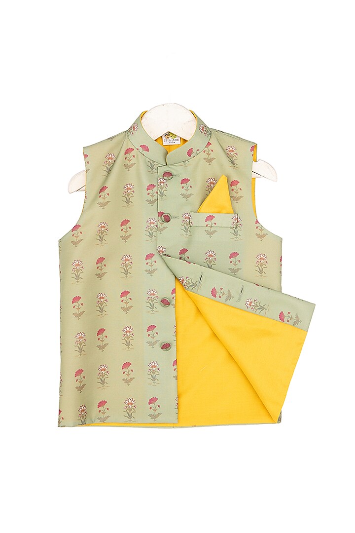 Dandelion Yellow Kurta Set With Mint Green Nehru Jacket For Boys by Little Stars at Pernia's Pop Up Shop