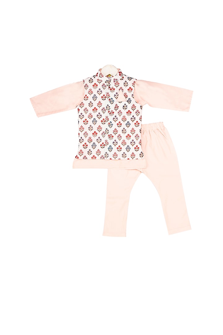 Baby Pink Kurta Set With White Nehru Jacket For Boys by Little Stars