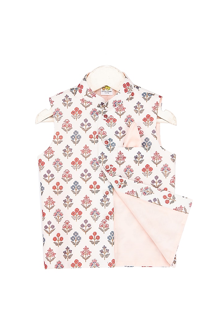 Baby Pink Kurta Set With White Nehru Jacket For Boys by Little Stars at Pernia's Pop Up Shop