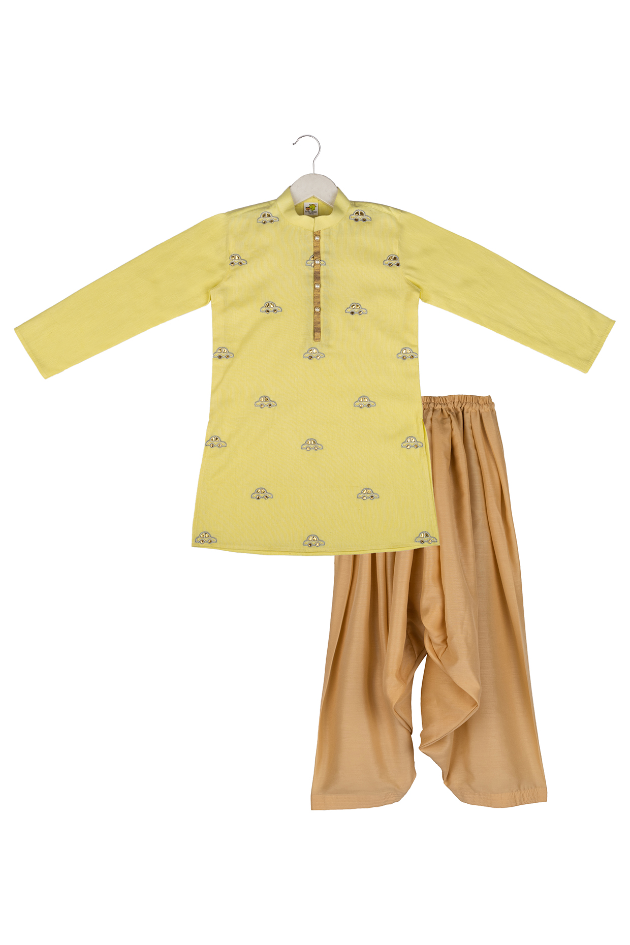 Lemon Yellow Embroidered Kurta Set For Boys by Little Stars at Pernia's Pop Up Shop