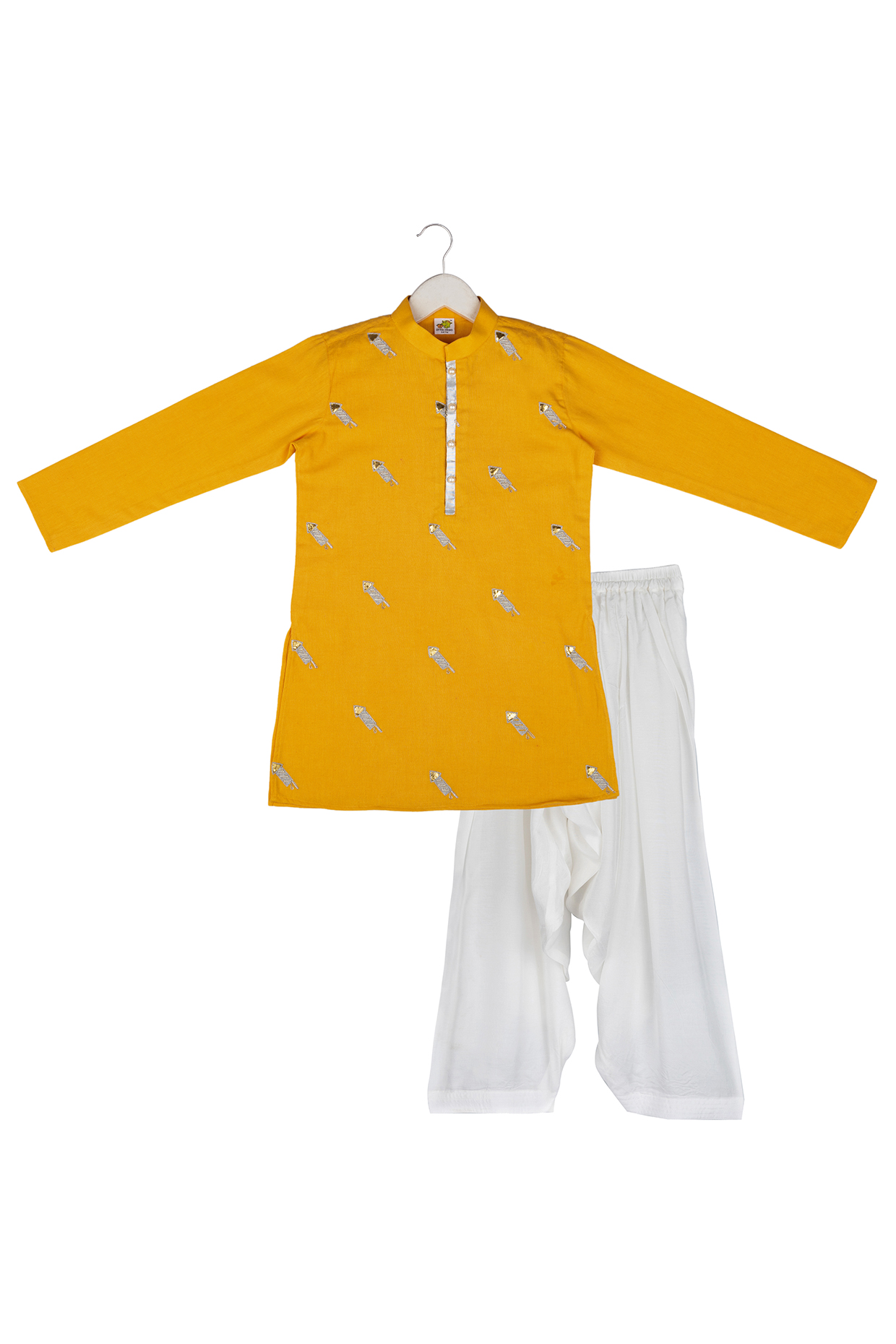 Mustard Kurta Set With Embroidery For Boys by Little Stars at Pernia's Pop Up Shop
