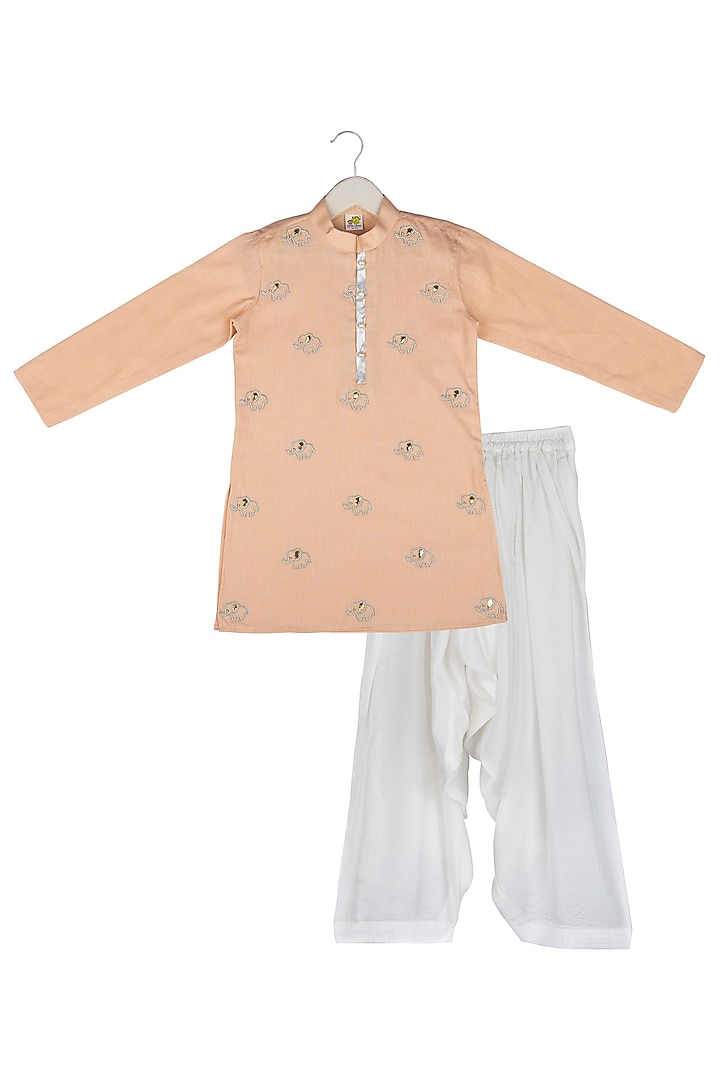 Peach Embroidered Kurta Set For Boys by Little Stars at Pernia's Pop Up Shop