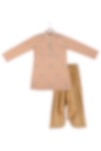 Peach Hand Embroidered Kurta Set For Boys by Little Stars