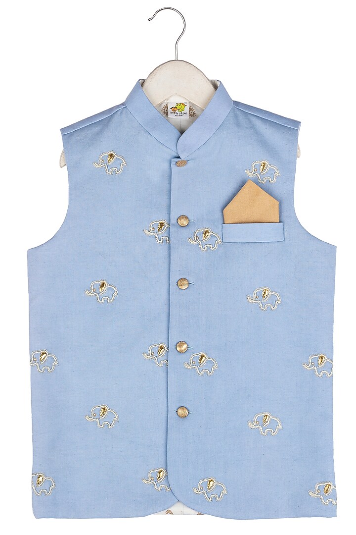 Monsoon Blue Embroidered Nehru Jacket For Boys by Little Stars at Pernia's Pop Up Shop