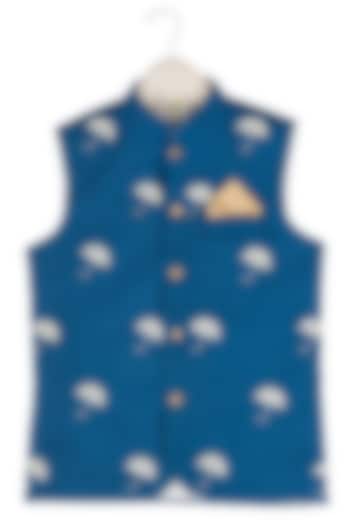 Cobalt Blue Embroidered Nehru Jacket For Boys by Little Stars at Pernia's Pop Up Shop