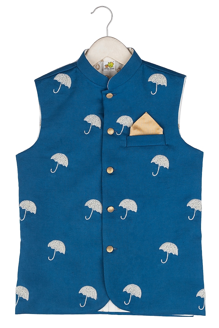 Cobalt Blue Embroidered Nehru Jacket For Boys by Little Stars at Pernia's Pop Up Shop