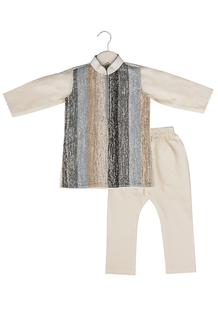 Grey Cotton Silk Embroidered Kurta Set For Boys by Little Stars