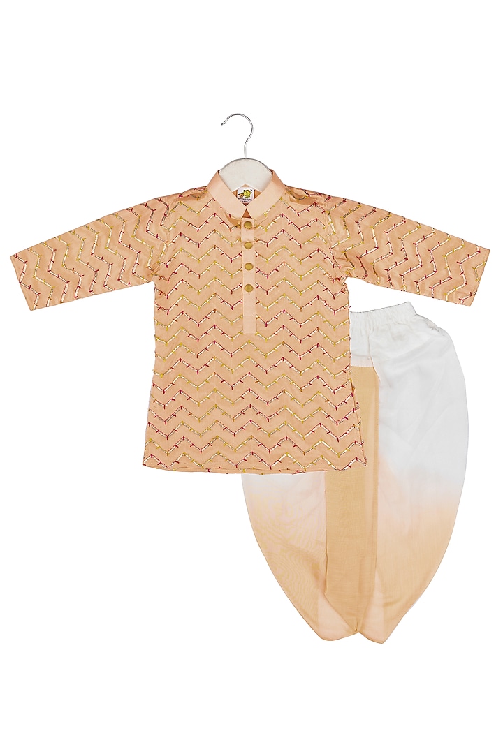 Peach Embroidered Kurta Set For Boys by Little Stars