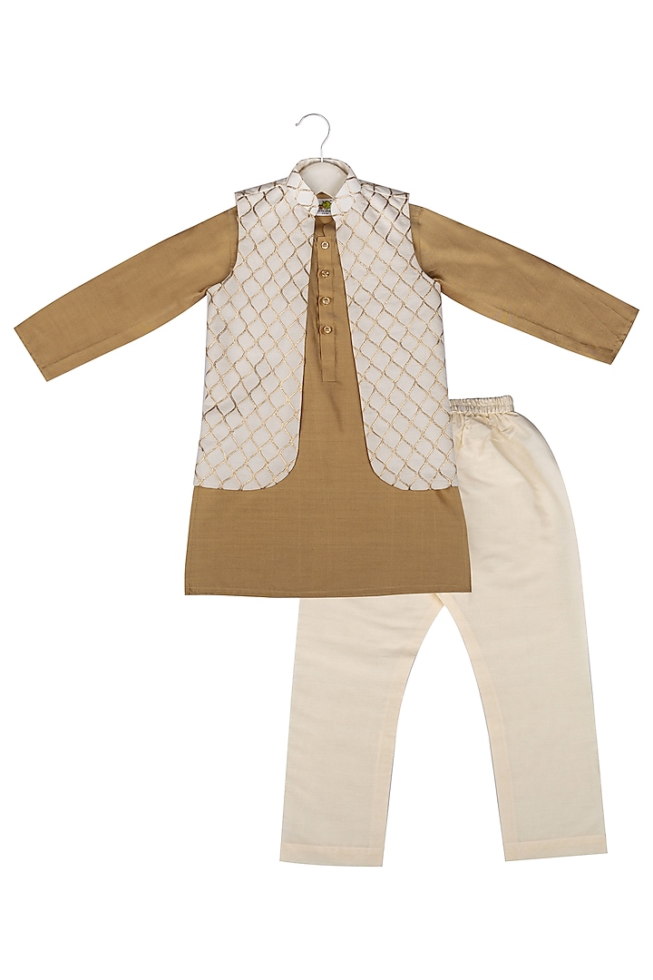 Cream Embroidered Nehru Jacket With Kurta Set For Boys by Little Stars