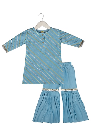 Blue Muslin Sharara Set For Girls by Little Stars