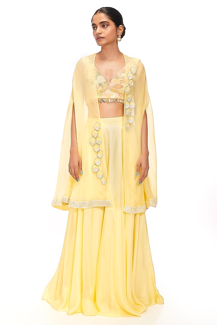 Yellow Organza Sequins Work Cape Set by Label Sayaanika at Pernia's Pop Up Shop