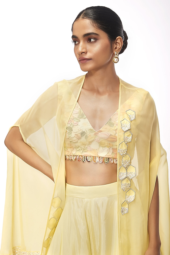 Yellow Organza Sequins Work Cape Set by Label Sayaanika at Pernia's Pop Up Shop