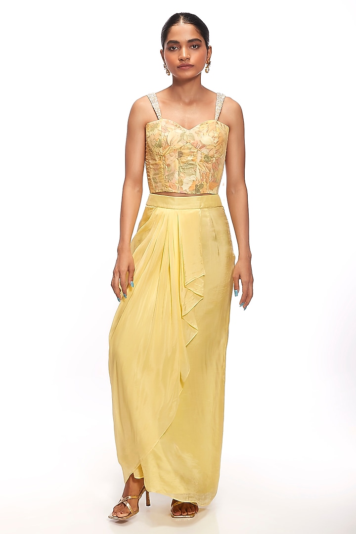 Yellow Organza & Dola Silk Draped Skirt Set by Label Sayaanika at Pernia's Pop Up Shop