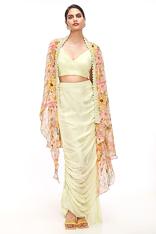 Green Dola Silk Draped Skirt Set by Label Sayaanika