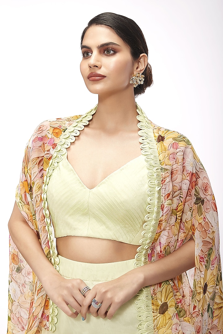 Green Dola Silk Draped Skirt Set by Label Sayaanika at Pernia's Pop Up Shop
