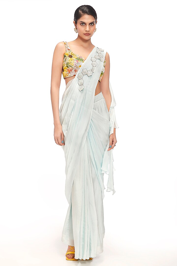 Blue Dola Silk Sequin Embellished Pre-Draped Party Wear Saree Set by Label Sayaanika at Pernia's Pop Up Shop