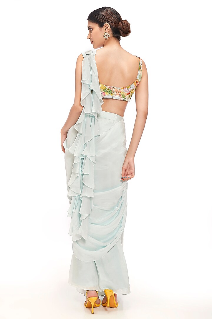 Blue Dola Silk Sequin Embellished Pre-Draped Party Wear Saree Set by Label Sayaanika at Pernia's Pop Up Shop