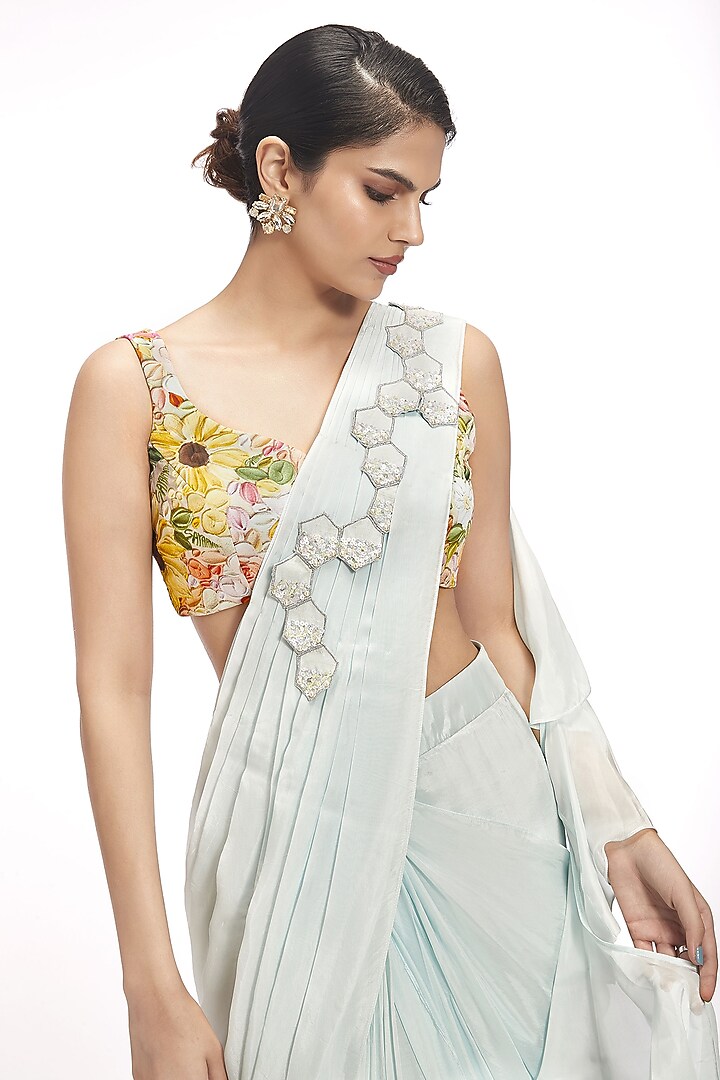 Blue Dola Silk Sequin Embellished Pre-Draped Party Wear Saree Set by Label Sayaanika at Pernia's Pop Up Shop