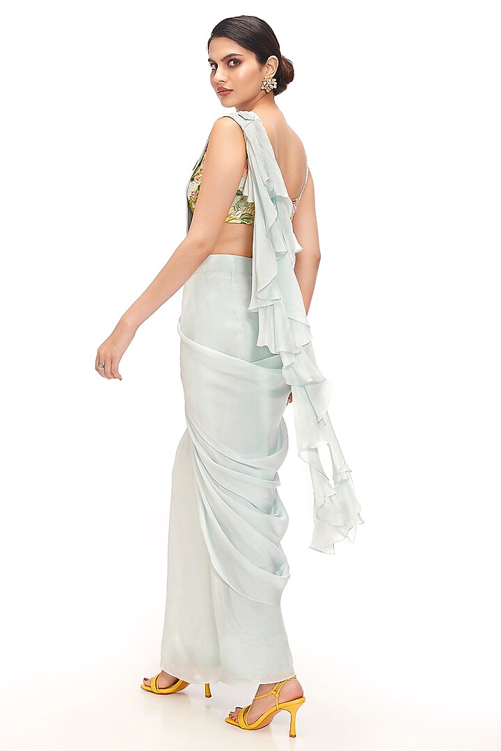 Blue Dola Silk Sequin Embellished Pre-Draped Party Wear Saree Set by Label Sayaanika at Pernia's Pop Up Shop