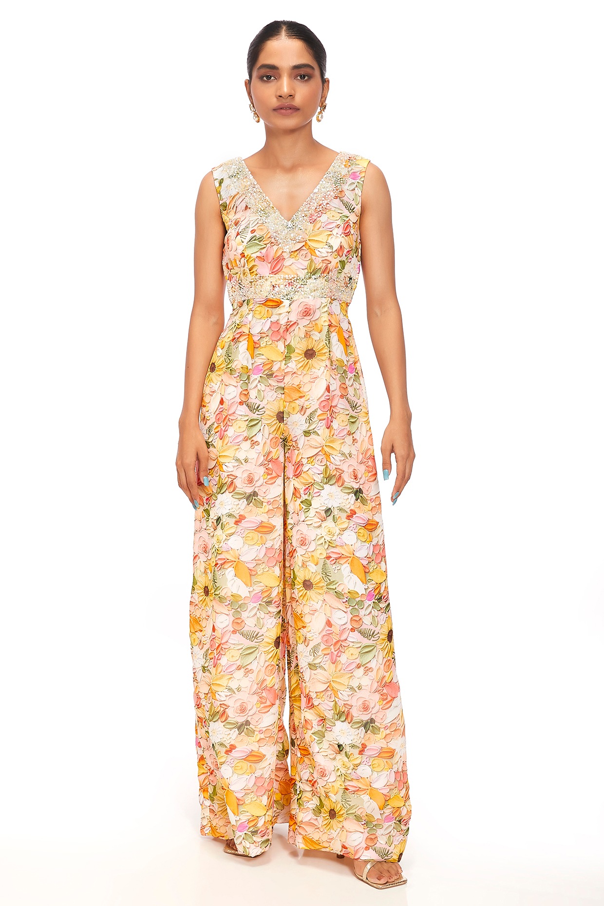 Multi-Colored Organza Floral Printed Sleeveless Jumpsuit by Label