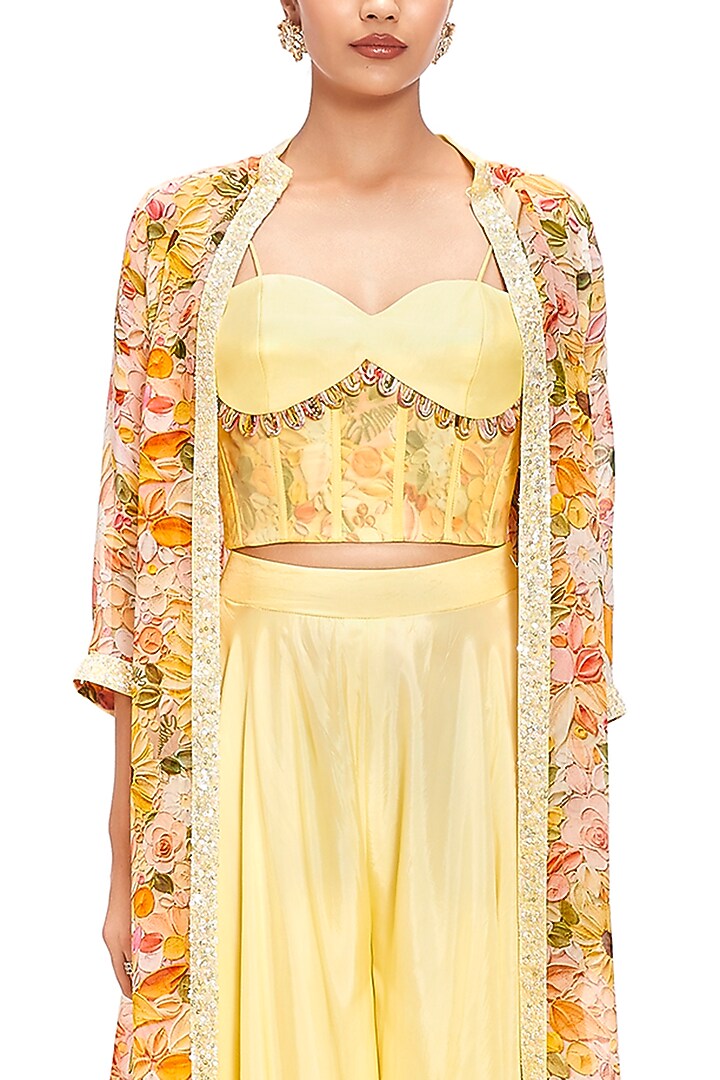 Yellow Organza Floral Printed Cape Set by Label Sayaanika at Pernia's Pop Up Shop