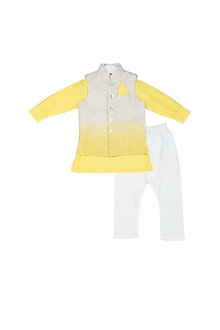 Yellow Shaded Nehru Jacket With Kurta Set For Boys by Little Stars