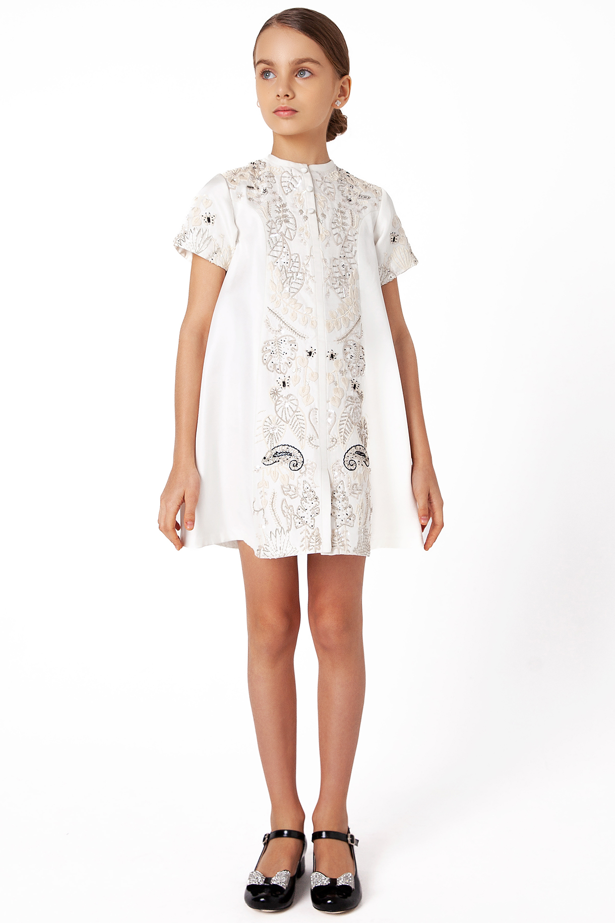 White Twill Silk Hand Embroidered Dress For Girls by Latara