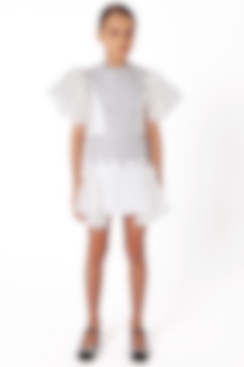 White Cotton & Organza Embellished Dress For Girls by Latara