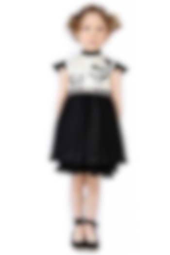 Black & Off-White Silk Embroidered Dress For Girls by Latara