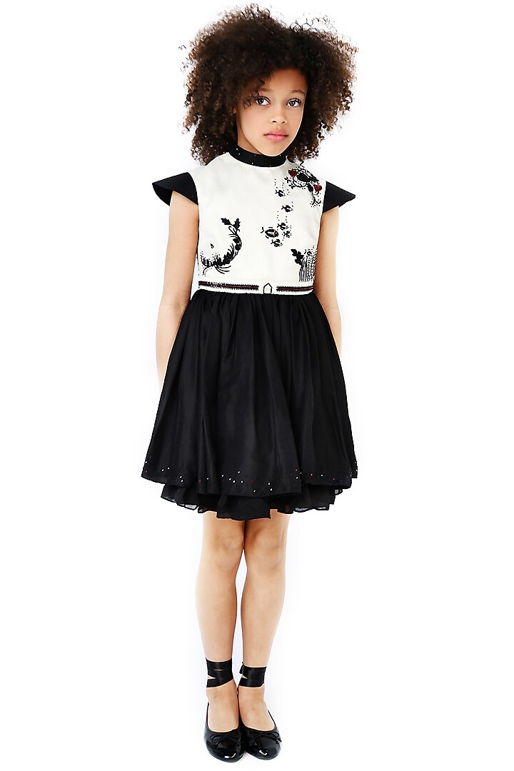 Black & Off-White Silk Embroidered Dress For Girls by Latara