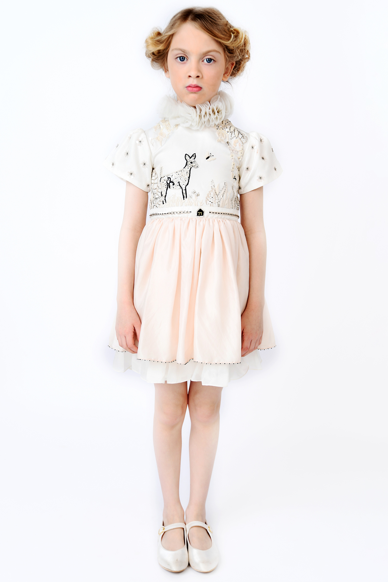 Peach & White Silk Embroidered Dress For Girls by Latara