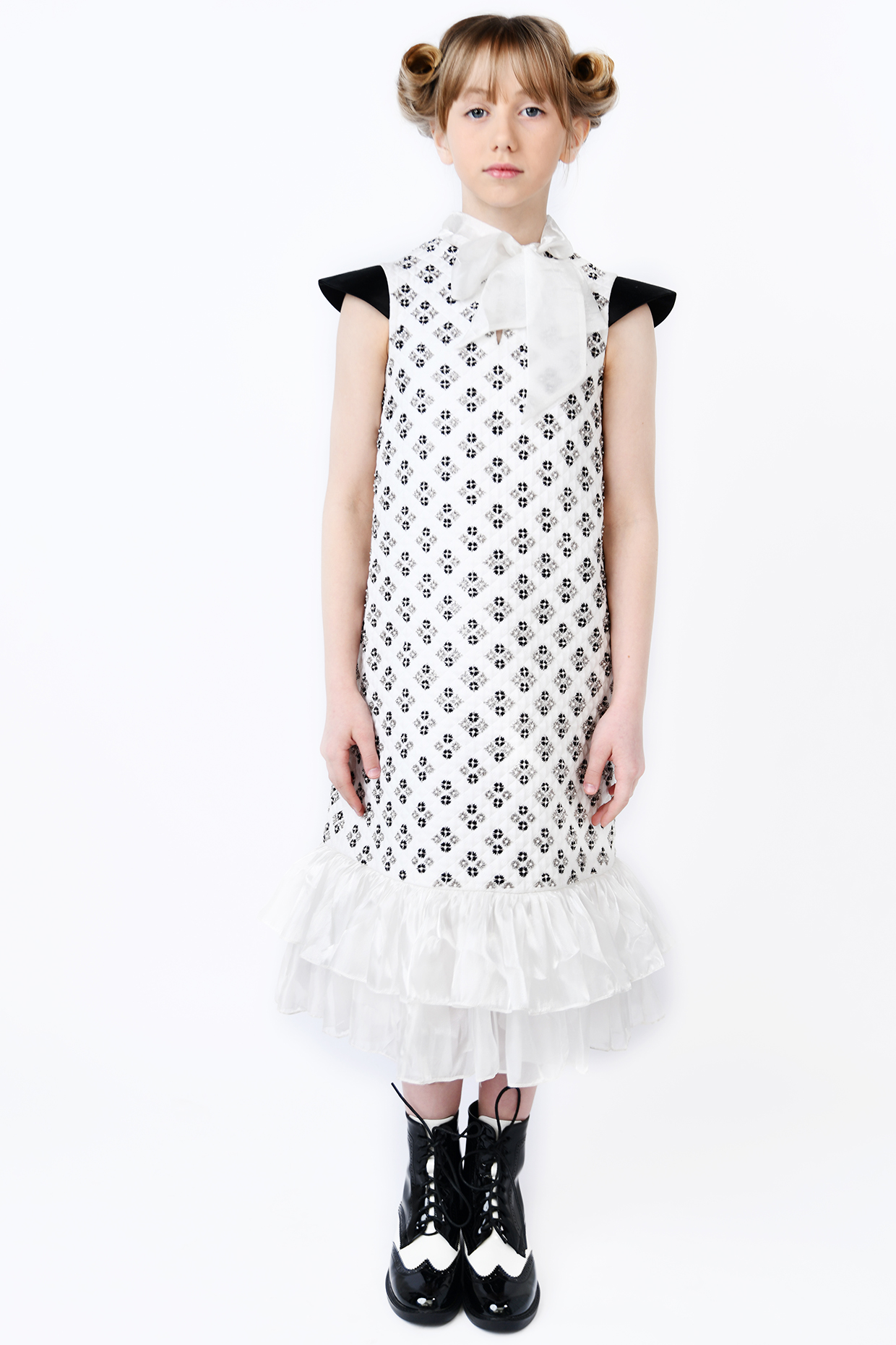 White Textured Cotton Embroidered Dress For Girls by Latara