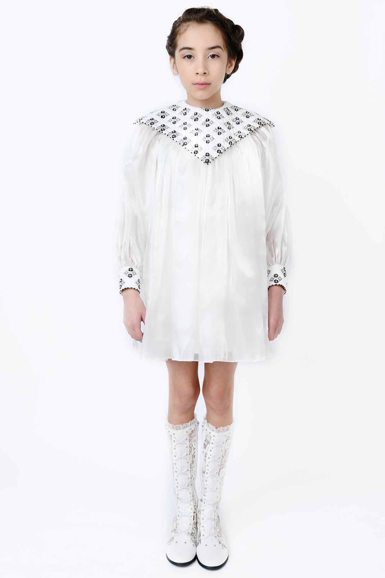 White Organza Embellished Dress For Girls by Latara