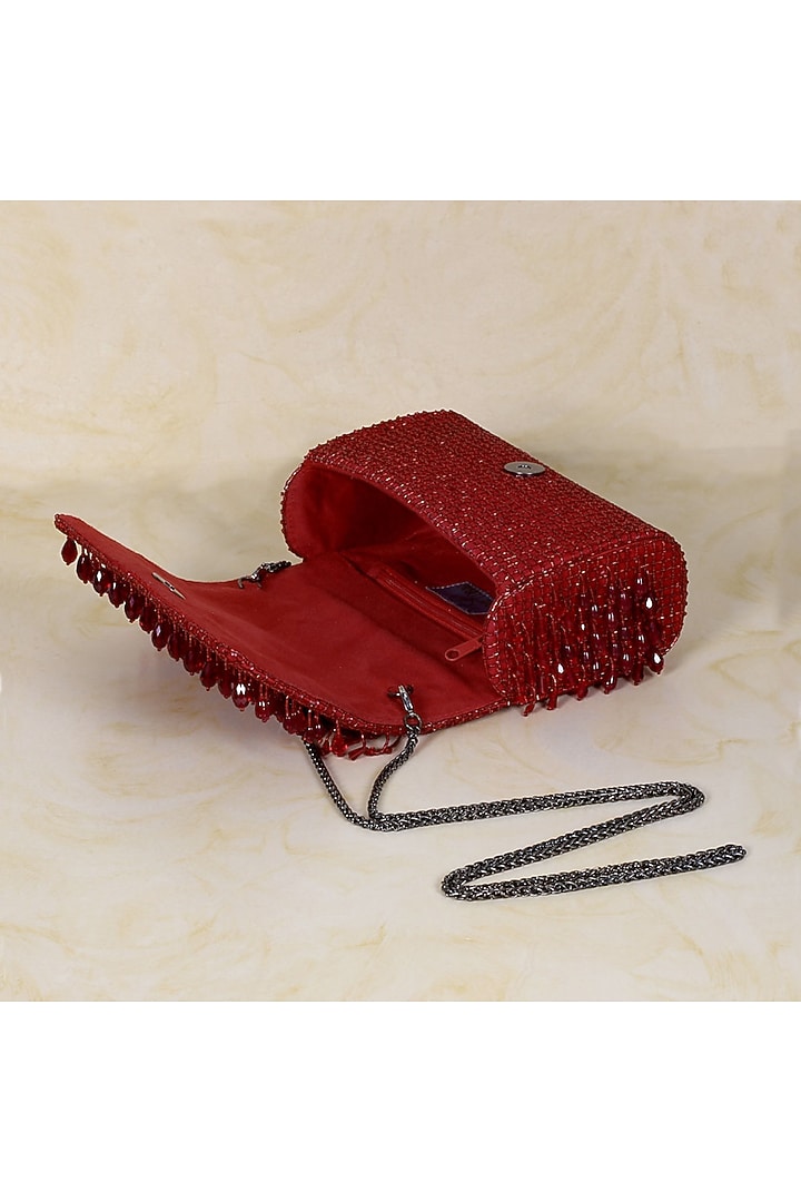 Red Hand Embroidered Flapover Clutch by Lovetobag at Pernia's Pop Up Shop