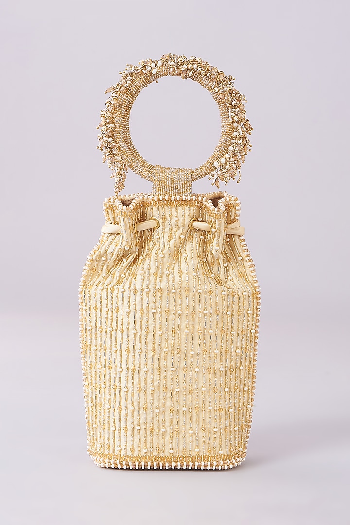 Beige Satin Embroidered Potli by Lovetobag at Pernia's Pop Up Shop