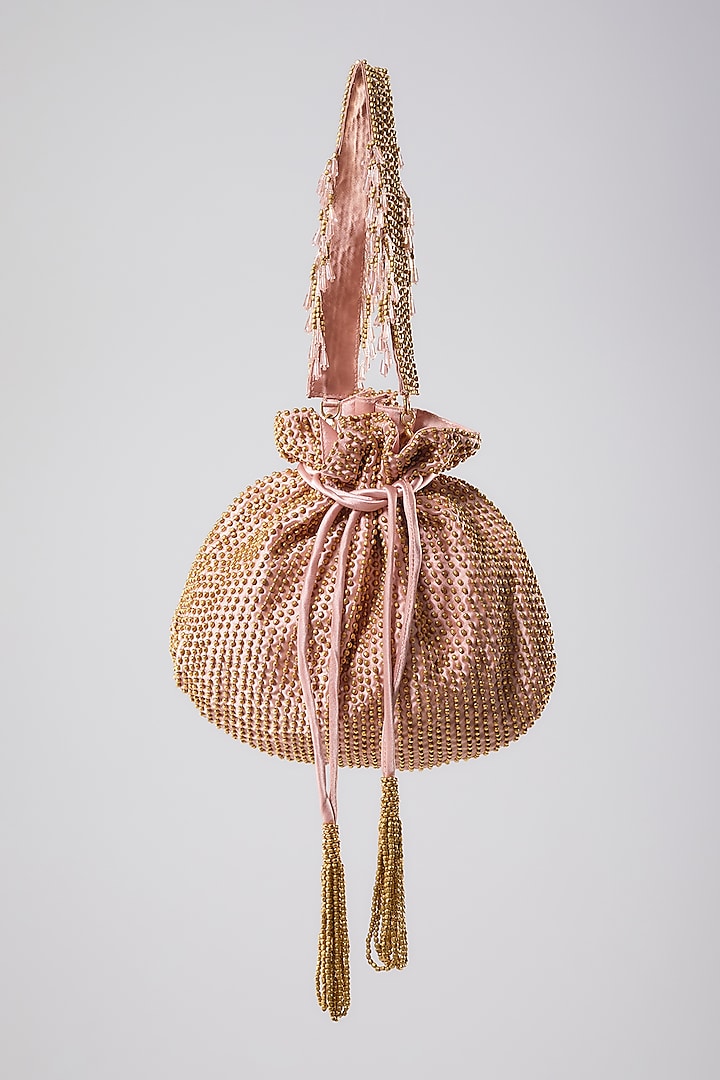 Blush Satin Beads Hand Embroidered Potli Bag by Lovetobag at Pernia's Pop Up Shop