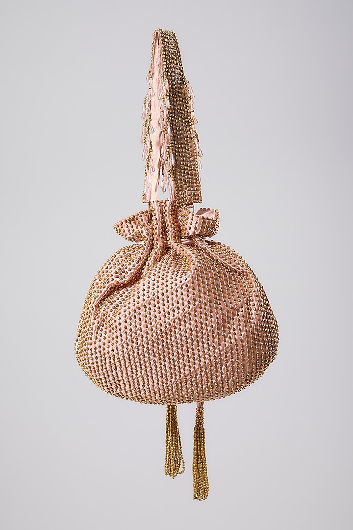 Blush Satin Beads Hand Embroidered Potli Bag by Lovetobag at Pernia's Pop Up Shop