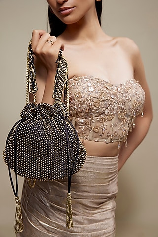 Black Satin Beads Hand Embroidered Potli Bag by Lovetobag