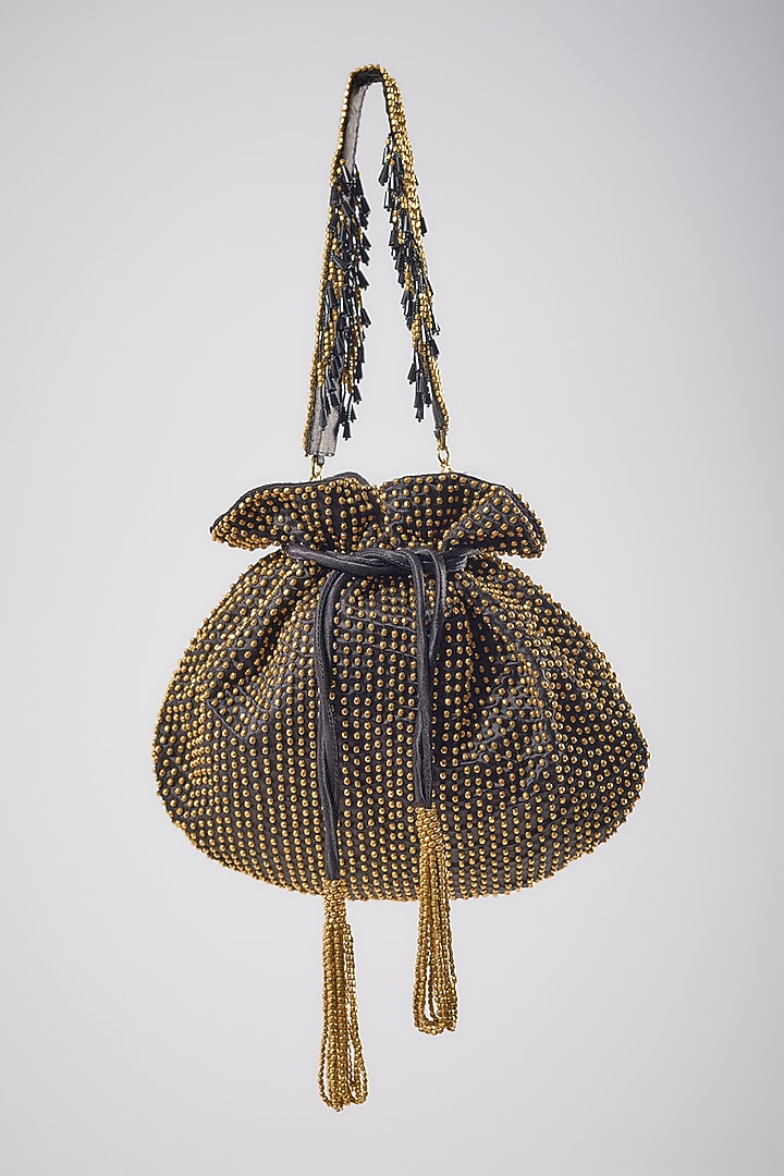 Black Satin Beads Hand Embroidered Potli Bag by Lovetobag at Pernia's Pop Up Shop
