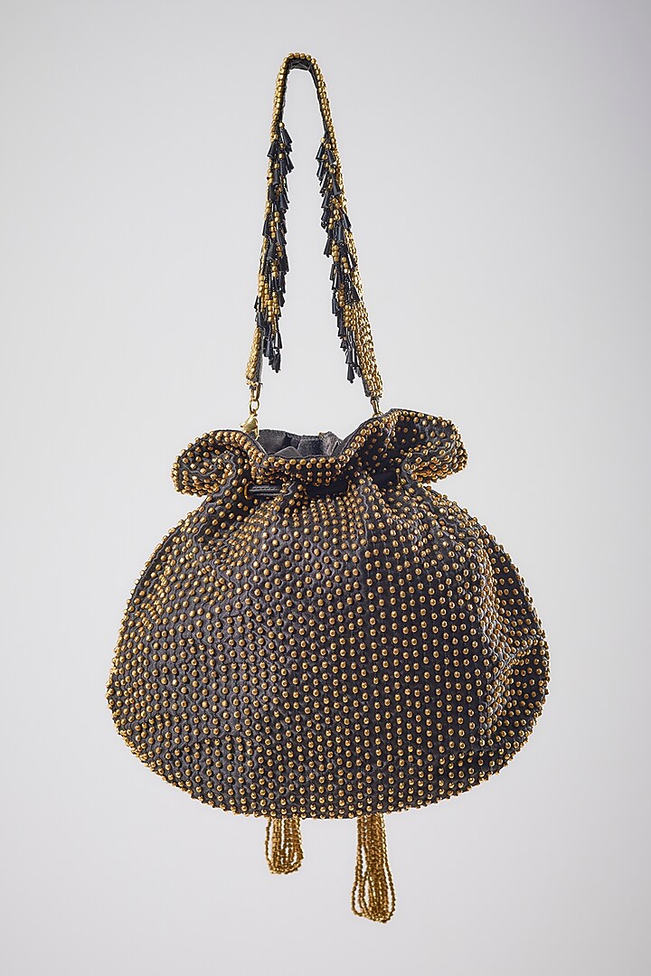 Black Satin Beads Hand Embroidered Potli Bag by Lovetobag at Pernia's Pop Up Shop
