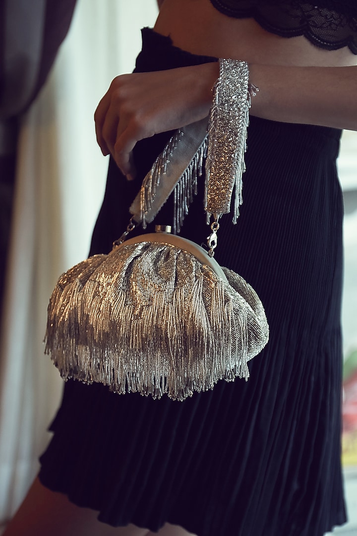 Silver Crystal Embroidered Pouch With Handle by Lovetobag at Pernia's Pop Up Shop