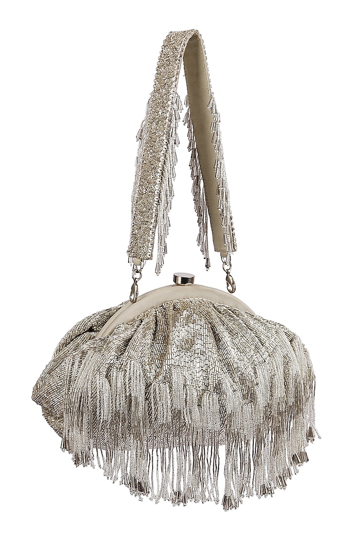 Silver Crystal Embroidered Pouch With Handle by Lovetobag at Pernia's Pop Up Shop