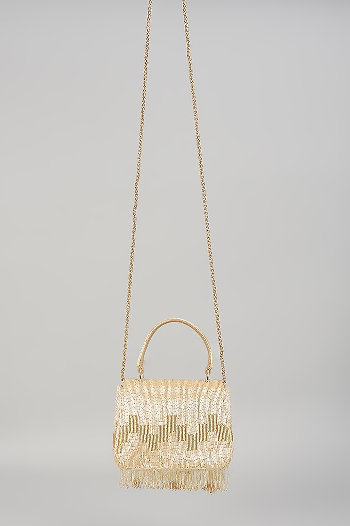 Champagne Beige Satin Hand Embroidered Trapezium Mini Bag by Lovetobag at Pernia's Pop Up Shop